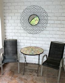 Mosaic table, metal mirror, outdoor chairs