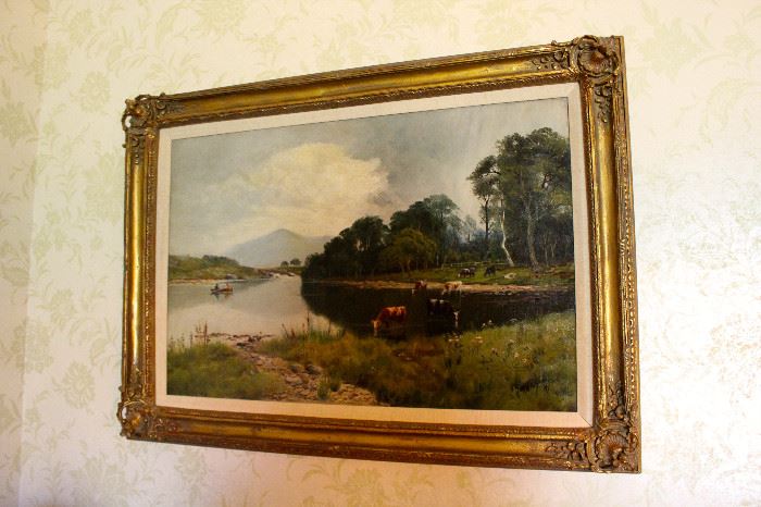 This is the most expensive piece of art in the home.  It was done by John Middleton (1827-1856) (He died so young!) The landscape oil was recently appraised at an out the door price of $5,800.  His works are found in many museums around the world, including the Yale Center for British Art in New Haven, Connecticut and the Virginia Museum of Fine Art in Richmond.  This work was painted either in 1847 or 1849 and shows two people in a canoe, a lake with cows swimming and a mountain background.  You will swoon.....