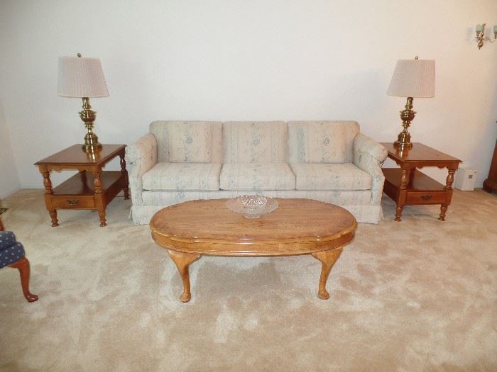 couch, matching Thomasville side tables, matching Stiffel brass lamps and coffee table