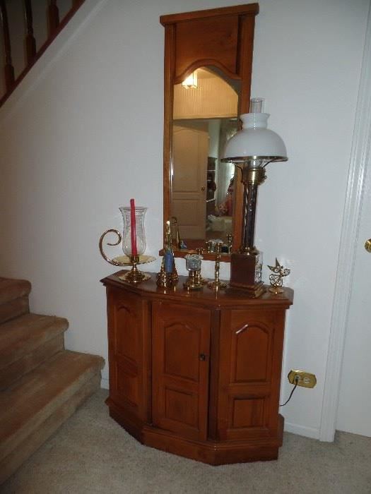 Hall cabinet and mirror, brass candle sticks and lamp