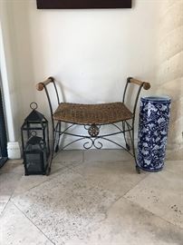 Lanterns and blue/white umbrella stand are sold.