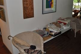 Pair of possible Lloyd Loom chairs, beautiful long marble-topped coffee table, assorted antique/vintage linens