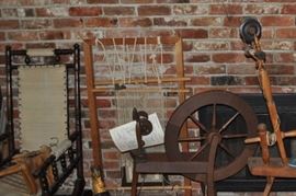 Antique platform rocker, weaving and frame, old spinning wheel
