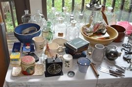 TCW (Wheaton) Co. vintage apothecary/Pharmaceutical  bottles with stoppers, blue pottery bowl, old timer, Weller Ware, yellow ware bowl, old locks, military medals