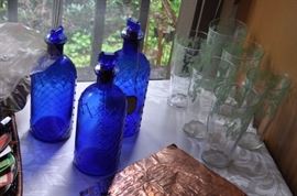 Cobalt blue vintage poison bottles w/stoppers quilted lattice pattern, set 6 glasses etched parrot or bird pattern in green