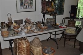 Baskets, shells, fossils, rocks, Native American artifacts. old chairs