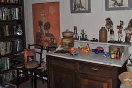 Walnut buffet with marble stop, Mexican items