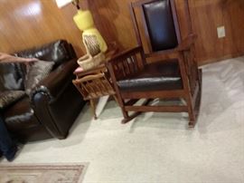 newer rocker made to look old....perfect for rocking grand babies; maple end table