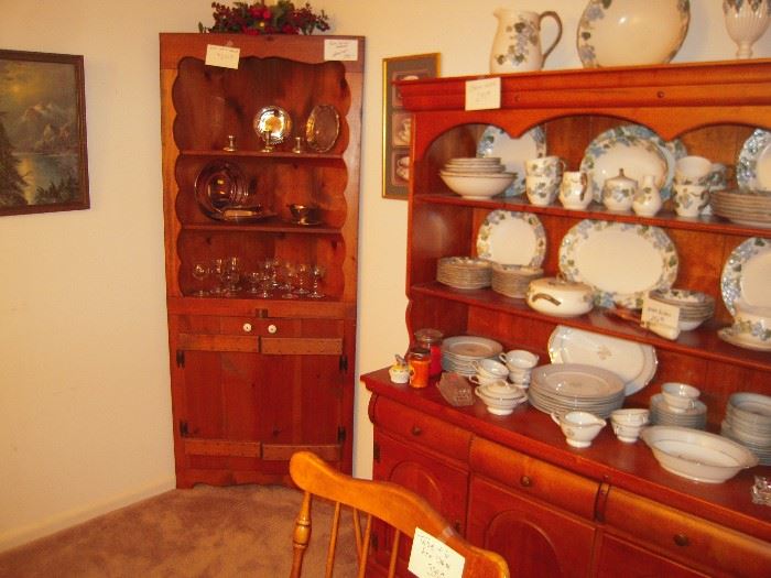 pine corner cabinet, silver items