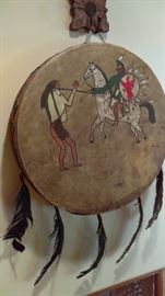native american hand painted animal hide drum