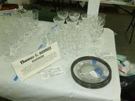 Thomas G. Hawkes Etched Crystal Stemware and Silver Overlay Plates