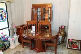 Fruitwood Oriental Style Dining Set includes: Table, Chairs, China Cabinet and Buffet