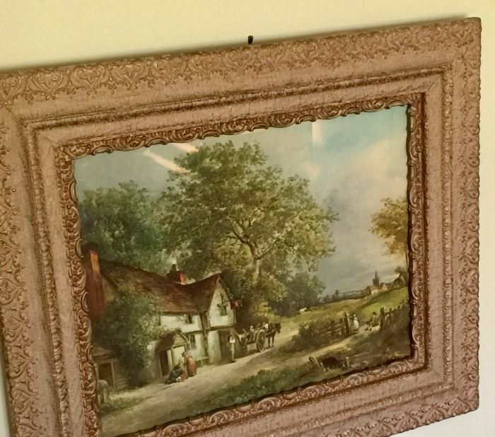 Large village scene print in heavy vintage ornate frame