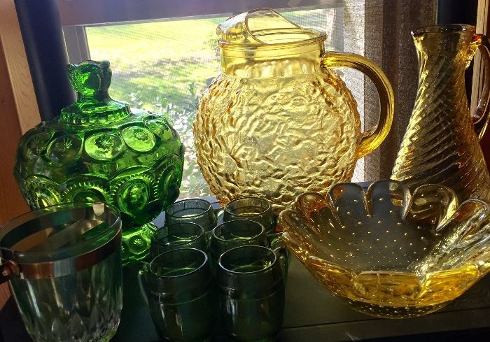Green and gold glassware