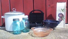 Just some of the antique jars and glass - soup pot - NEW waffle iron