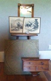 Beautiful log framed mirror  Tile wall hanging.  Framed, signed Bear and Moose black & whites                        