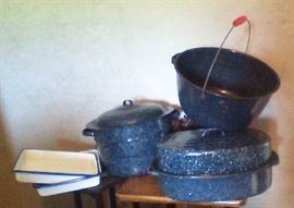 Just some of the great Enamel Ware!  Roster, Large kettle, Baking pans