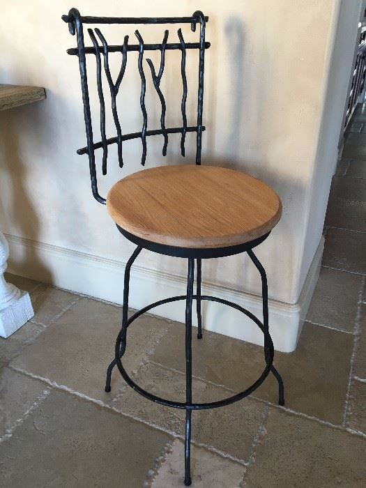 4 Wrought Iron / Wood Swivel Bar Chairs