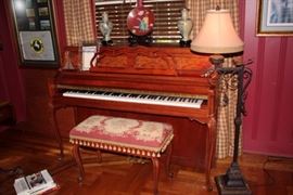 Quality Console Piano, Bench, Floor Lamp and Decorative