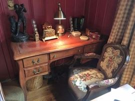 Desk, Needlepoint Bergere Chair, Desk Lamp & Decorative
