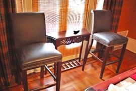 Pair of Pub Height, Nailhead Chairs and Carved Occasional Table