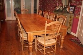 Large Farm Table with 10 Rattan Chairs