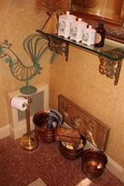Decorative with Wall Shelf, Canisters, Copper Urns/Pots, Rooster and TP Holder