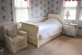 Girl's Twin Sleigh Bed, Stenciled Chest, Lamp and Upholstered Easy Chair