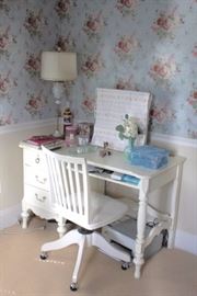White Desk & Chair with Lamp and Decorative
