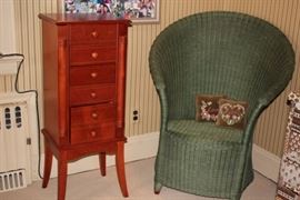 Lingerie Chest and Wicker Peacock Chair and Decorative Pillows