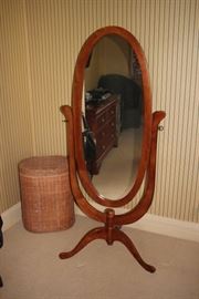 Wood Oval Standing Mirror and Wicker Hamper