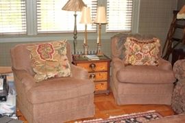 Pair of Easy Chairs, Decorative Pillows, Small Stenciled 3 Drawer Cabinet and Lamps