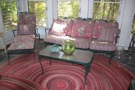 Metal Lounge and Couch with Metal & Glass Coffee Table and Round Braided Rugs
