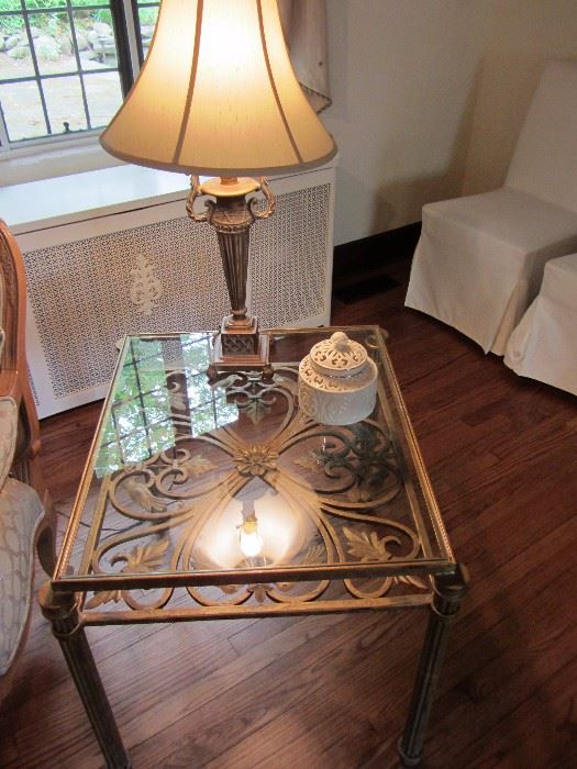 PAIR OF GOLDTONE METAL AND GLASS TABLES