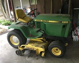 John Deere riding mower - works - homeowner still using it to mow the lawn!  1989, 1484 hrs  60” deck – new spindles, blades and belt.  New tires.