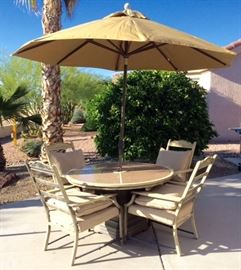 52" Round metal/Quartz Patio Table w/ 4 Metal/Sun Brella Cushioned Arm Chairs