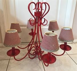 Red Chandelier w/ 6 Gingham Shades