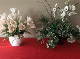 Silk Tulips in Ceramic Tulip-shaped vase, Silk Floral Arrangement in Amber Vase