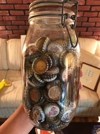 Large jar of cork lined bottle caps