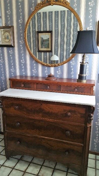 burl front antique chest with marble top