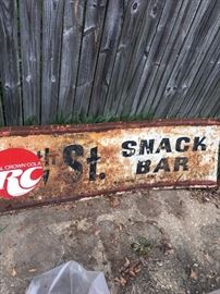 Vintage metal snack bar sign. Part of sign covered by an RC cola sticker which may be removable