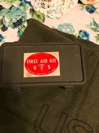 Vintage military issue first aid kit (with original contents) & military issue wool blanket