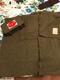 Vintage military issue first aid kit (with original contents) & military issue wool blanket
