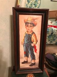 FARMER BOY by Medeiros- Freckle Faced Farm Boy in Overalls- Framed Litho Print- M. Medeiros-Big Eyed Farm Boy