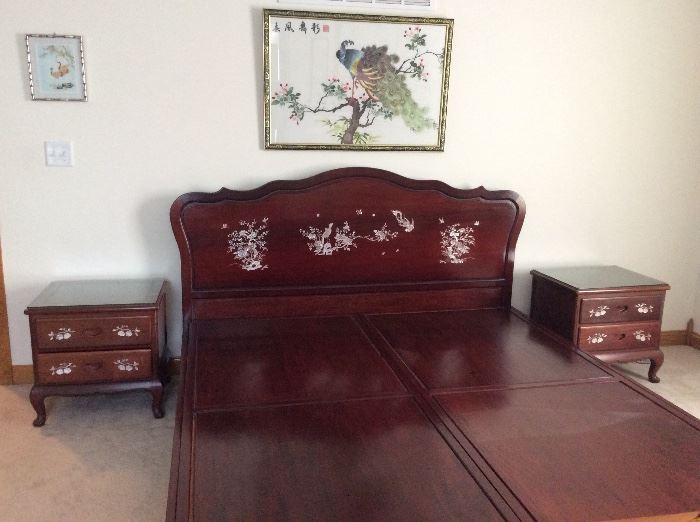 Chinese Rosewood Bedroom Set(King),2 end tables, Chest, Dresser and Mirror with Mother of Pearl Inland design