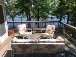 NICE VINTAGE MID CENTURY ALUMINUM GLIDER, ROCKER, AND STATIONARY CHAIR. THIS SET WAS WON ON THE 1950's SHOW "QUEEN FOR A DAY".