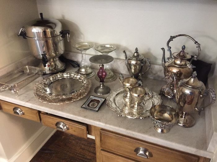 Silver plate trays, coffee and tea pots, coffee server