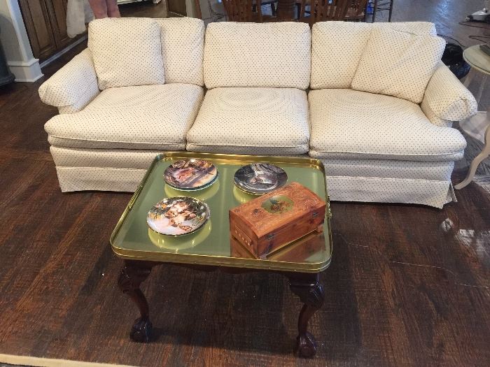 Henredon sofa and brass top coffee table