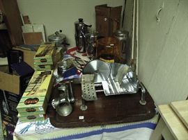 Vintage housewares. Percolators, brand new ice cube trays from the 50's