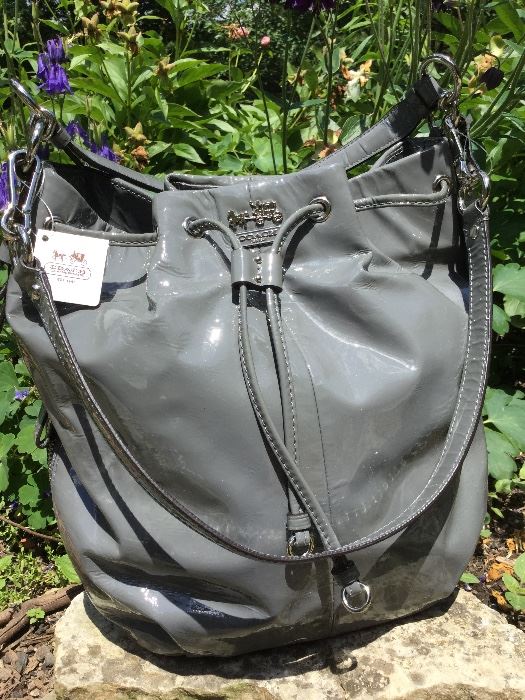 NWT, COACH handbag, drawstring, grey patent leather